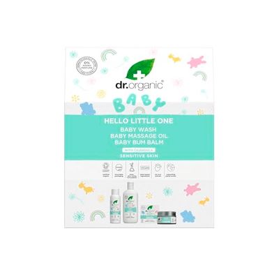 Set regalo Dr Organic Natural Baby con calendula calmante, detergente per bambini, balsamo per il cambio pannolino e olio da massaggio, essenziali per neonati, vegano, cruelty-free, senza fragranze.
