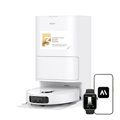 Mova Robot aspirateur et Laveur à vidage Auto E40 Ultra avec Aspiration de 19 000 Pa, Technologie de Lavage MaxiReach, Brosse latérale Anti-nœuds, Base Tout-en-Un, 75 Jours de Nettoyage Autonome