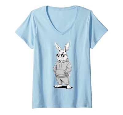 Donna Bunny With Sunglasses And Hoodie Happy Easter Day Bunny Face Maglietta con Collo a V
