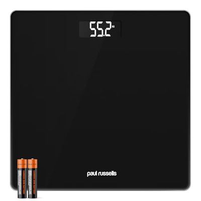 Paul Russells Digital Bathroom Scales for Body Weight, Glass Weighing Scale, High Precision Sensors Accurate Weight Machine, Batteries Included, 150kg/24st/330lb, Black