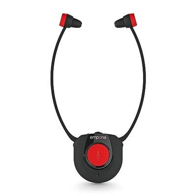 Emporia Draadloze TV-hoofdtelefoon, draadloze tv-hoofdtelefoon met laadstation, ideaal voor senioren, comfortabel en eenvoudig, eenvoudige bediening, compatibel met alle tv's, zwart en rood