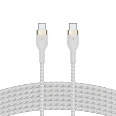 Belkin BoostCharge Pro Flex cable trenzado USB-C a USB-C, cable de carga rápida Power Delivery con certificación USB-IF para iPhone 16 y 15, Galaxy S24, iPad, MacBook, Note, Pixel y otros, 3 m, blanco