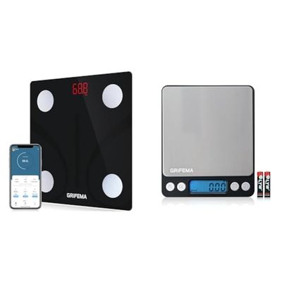 GRIFEMA GA2001, Balance Pese Personne, Pèse Personne Impédancemètre avec Bluetooth & GA2003 Balance de Cuisine Électronique de Haute Précision 500g/0,01g avec Écran LCD Rétroéclairé