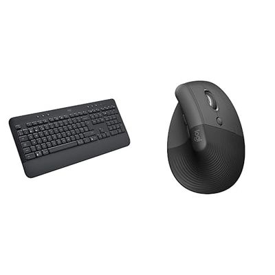 Logitech Signature K650 Wireless Keyboard with Wrist Rest, Full-Size, BLE Bluetooth or Logi Bolt USB, Comfort Deep-Cushioned Keys, Lift Vertical Ergonomic Mouse, Wireless, QWERTY UK