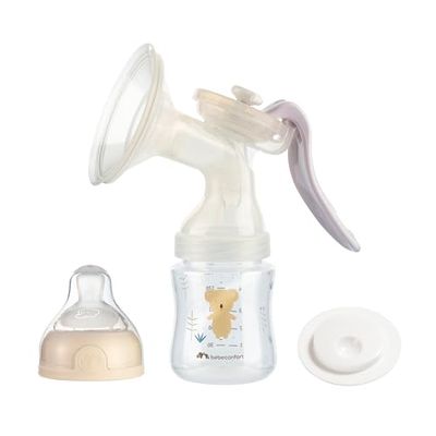 Bebeconfort Manuell Bröstpump, Bröstpump i Silikon, Manuell Bröstpumpsats med 150 ml nappflaska inkluderad, Sand