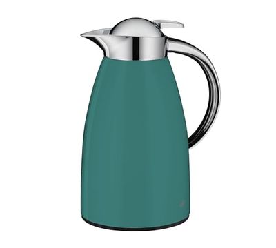 alfi SIGNO 1.0 L Green Matt Stainless Steel Vacuum Flask with Hygienic Tempered Glass Insert, Screw Cap with Comfortable Push Button, Ergonomic Handle, with One Hand, Ideal as a Coffee Pot, Teapot