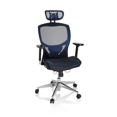 hjh OFFICE, 657010, luksusowe krzesło szefa, obrotowe krzesło biurowe, VENUS ONE, niebieskie, siatkowe, wysokiej klasy krzesło biurowe, wysokie ergonomiczne oparcie z zagłówkiem, regulacja wysokości podparcia lędźwiowego, wygodne, oddychające siedzisko z siatką, regulowane podłokietniki