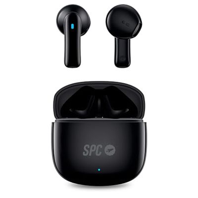SPC Zion 2 Play – Auriculares inalámbricos Bluetooth para 28h de batería con Varias Cargas, ultracompactos, Control táctil, Manos Libres, Asistente de Voz y Estuche de Carga USB-C Muy pequeño - Negro
