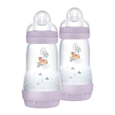 MAM Easy Start Anti-koliek flesjes, set van 2 babyflessen voor baby's van 2-4 maanden, 260 ml met speen Fluss 2 voor 2+ maanden, van SkinSoft siliconen, bio-rond, paars