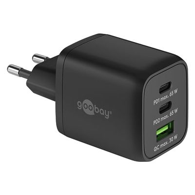 Goobay 64753 USB-C PD Nano Multiport snellader (65W) / 2x USB-C PD 1 x USB-A Quick Charge/Power Charger voor oplaadkabel van iPhone en andere mobiele telefoons, zwart