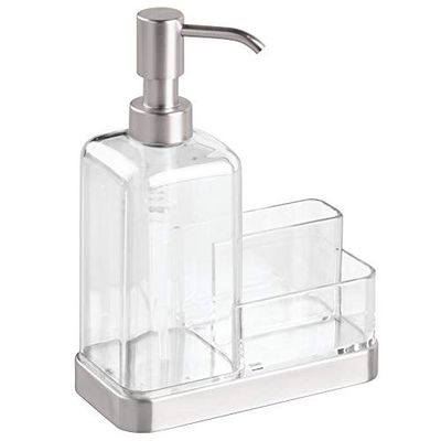 iDesign dispensador de sabão com bandeja e dois compartimentos, organizador de cozinha de plástico e aço inoxidável, dispensador manual de 473 ml com esfregão incluído, prateado