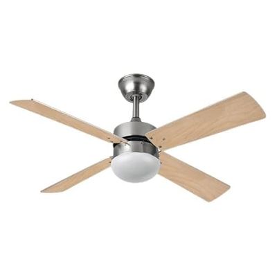Brightium DC-ventilator met 4 vleugels, achterkant, afstandsbediening, timer, nikkelafwerking en licht hout, ideaal voor het opfrissen van ruimtes.