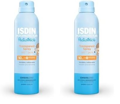 Fotoprotector ISDIN Pediatrics Transparent spray Wet Skin SPF 50 - Protector solar corporal para niños, invisible, ligero, para piel mojada, 250 ml (Paquete de 2)