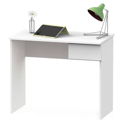 Avilia Wit bureaubureau met lade, veelzijdig en minimalistisch, ideaal voor computer, 90 x 60 x 80 cm, frame van robuust hout