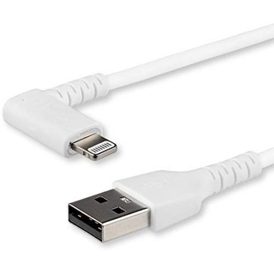 StarTech.com Cable Resistente USB-A a Lightning 1 m Acodado Derecho Blanco - Cable USB Tipo A a Lightning con Aramida MFi (RUSBCLTMM1MWR)