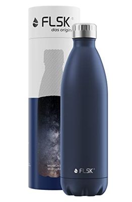 FLSK - Borraccia originale, in acciaio inox, da 1000 ml, adatta per anidride carbonica, bottiglia termica (caldo per 18 ore e freddo per 24 ore), senza BPA, antiruggine, colore blu notte (Midnight)