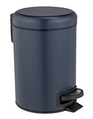 WENKO Poubelle cosmétique à pédale Leman bleu foncé, contenance 3 litres, petite poubelle pour salle de bain avec support à sacs poubelle intégré, en acier vernis, finition mate, 17 x 25 x 22,5 cm