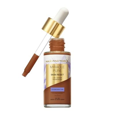 Max Factor Miracle Pure Skin Reset Serum Foundation 95-100 Deep to Very Deep, 2-in-1 Serum Formula, Healthy Looking Skin, Medium Coverage, Satin Matte Finish, 2% Niacinamide, Dermatologically Tested