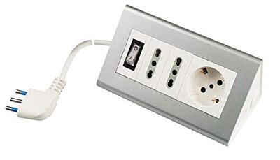 POLY POOL - PP2590S Extensão multitomada de secretária - Multitomada elétrica 2 tomadas bivalentes e tomada Schuko - tira elétrica cabo 2 m e interruptor