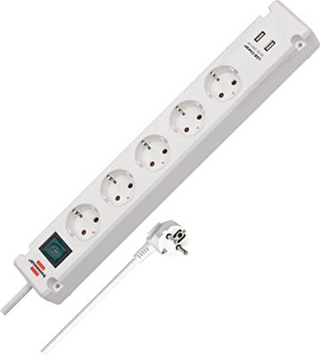 Brennenstuhl Bremounta extensão de 5 tomadas com função de carregamento USB (extensão elétrica com tomadas de 90 graus, com interruptor, possibilidade de montagem e cabo de 3 m) branco