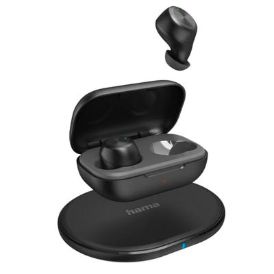 Hama True Wireless in-ear hoofdtelefoon, bluetooth hoofdtelefoon, muziektijd, 12 uur accu, in-ear hoofdtelefoon met draadloos opladen en draadloze oplader, spatwaterdicht IPX4, ultralicht, 4 g, zwart