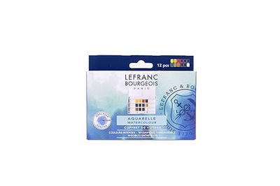 Lefranc Bourgeois Acuarela Fine - Caja de plástico de 12 medio godets + pincel de acuarela profesional, colores surtidos