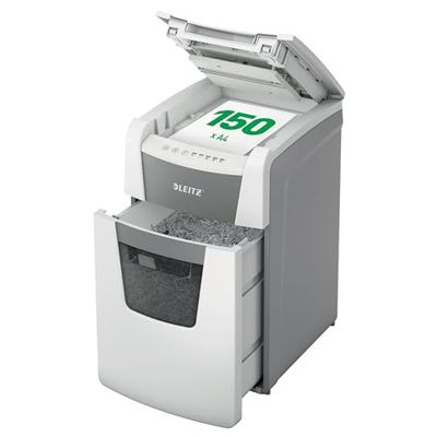 Leitz IQ Autofeed Office Cross Cut Dokumentförstörare, Säkerhetsklass P4, Automatisk, 150 Ark, 44-liters Behållare, Vit, 80130000