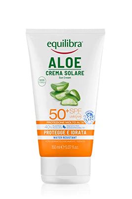 equilibra Solari, Aloe Crema Solare SPF 50+, a Base di Aloe Vera, Vitamina C ed E, Olio di Argan, Olio di Cocco e Burro di Karité, Assicura un'Abbronzatura Sana e Naturale, Water Resistant, 150 ml
