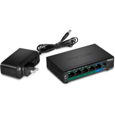 TRENDnet TPE-TG52 Gigabit PoE-switch med 5 portar, 32 W PoE-effektbudget, 10 Gbit/s omkopplingskapacitet, IEEE 802.1p QoS, DSCP Pass-Through-stöd, fläktlös, väggmontering, svart