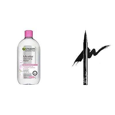 Garnier Micellar Water Facial Cleanser Sensitive Skin 700 ml With NYX Professional Makeup Epic Ink Eye Liner, Felt Tip Liner Pen, Waterproof, Vegan Formula, Black