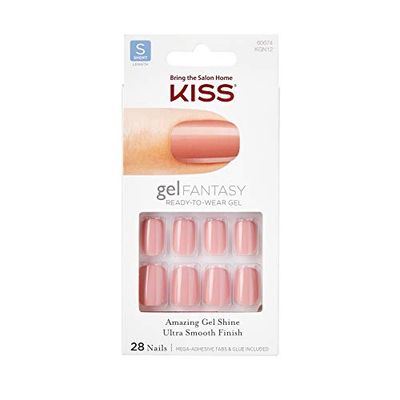 KISS Gel Fantasy Collection Glue-On Manicure Kit, Ribbons, Short Length Square Fake Nails Includes 28 False Nails, Nail Glue, Nail File, and Manicure Stick
