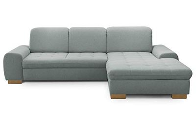 CAVADORE Divano ad angolo Lexi in stile country, divano a forma di L, con sedia a sdraio XXL destra e nucleo a molla, con regolazione testiera, 275 x 82-99 x 173, tessuto piatto: azzurro