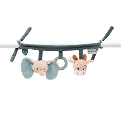 Nattou Ophangspeelgoed van katoen (mousseline) en polyester, met rammelaars en siliconen ring, Ca. 32 cm, Luna en Axel, groen/beige