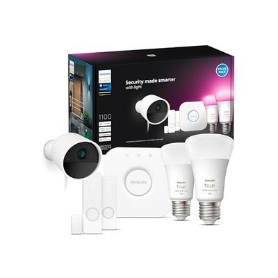 Philips Hue Secure Starter Kit, Hue Secure bedrade camera, Hue contactsensoren, Hue E27 wit en gekleurde lampen, Hue Bridge, eenvoudig te installeren, tweerichtingsgesprek, bestuurbaar via Hue app