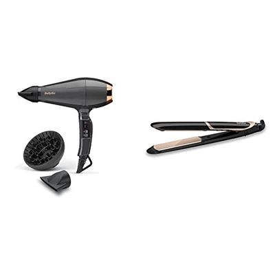 BaByliss 6719DE Italian Air Pro 2200 Sèche-cheveux ionique 2 buses Gris anthracite & Lisseur Super Smooth 235 avec Technologie Titanium-Céramique et Ionique avec mode protection de chaleur ST393E