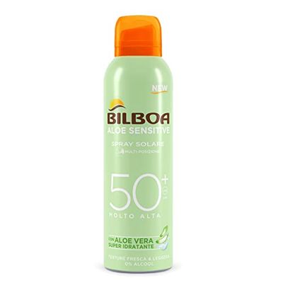 Bilboa, Protezione Solare Corpo Aloe Sensitive BOV SPF50+, Spray Solare Alta per Pelli Sensibili, Formula con Aloe Vera, Protegge e Idrata le Pelli Sensibili, Senza Alcool, Resistente all'Acqua, 150ml