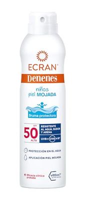 Ecran Denenes - Bruma Protectora Solar Piel Mojada FPS 50+ para Niños en Spray, 80 Minutos de Protección UVB, UVA e IR-A, con Extracto de Algodón y Vitamina E, Pieles Sensibles y Atópicas - 250 ml