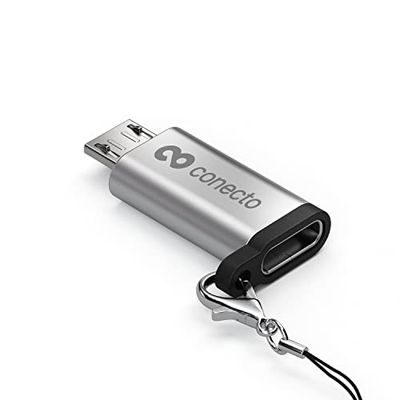 conecto, Micro-USB naar USB-C-adapter, OTG-ondersteuning, compatibel met Apple-apparaten, perfect voor e-bikes, gesp/karabijnhaak, aluminium behuizing, zilver, 2 stuks