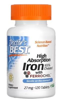 Doctor's Best Fer à Haute Absorption, 27mg - 120 comprimés - Soutien pour la Santé Sanguine