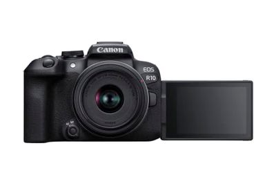 Canon EOS R10 APS-C mirrorless nera + 18-45mm IS STM (24,2 Mp, fino a 23 fps, DIGIC X, video 4K UHD fino 60p, Dual Pixel CMOS Auto Focus II, Display touchscreen orientabile da 7,5 cm, Wi-Fi, BT)