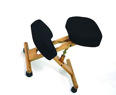 Ergonomische zitting – stoel op knieën van hout, opvouwbaar en verstelbaar – bureaukruk op wielen – ontlast de rug – houdingscorrectie – schuimkussens – Ergo Accent