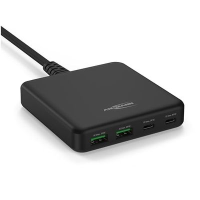 ANSMANN Caricatore USB 65W a 4 Porte, caricatore rapido Multiplo USB-C/USB-A per iPhone/Samsung/Google/Xiaomi/Huawei/Laptop e altri dispositivi