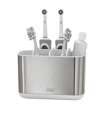Joseph Joseph EasyStore- Porta Spazzolino, Dentifricio e Filo Interdentale, Compatibile con Spazzolini Elettrici e Tradizionali, 6 Scomparti, Contenitore da Bagno Smontabile- Grande, Acciaio Inox