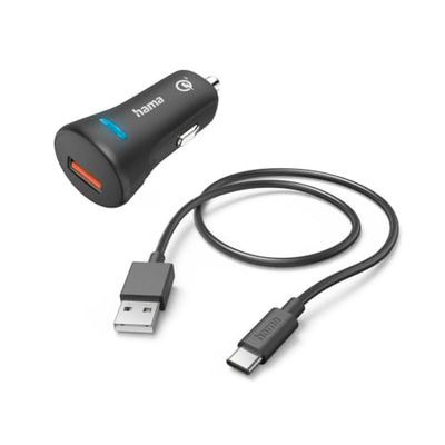 Hama Snellader voor de auto, 19,5 W (snellader, USB-A-naar-USB-C-oplaadkabel, 1,5 m, Qualcomm Quick Charge 3.0, 19,5 W) zwart