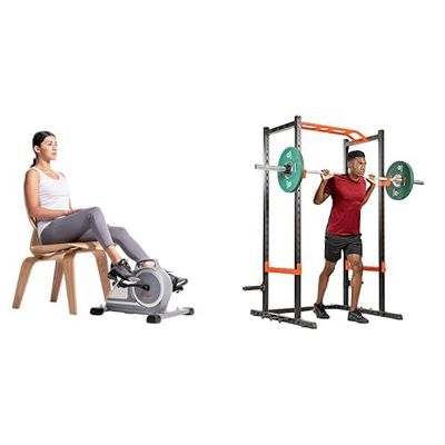 Sunny Health & Fitness Magnetic Under Desk Mini Exercise Cycle Bike, Dual Function Pedal Exerciser + Power Zone Strength Rack Power Cage - 455 KG Weight Capacity – SF-XF9925