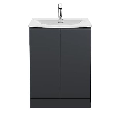 Hudson Reed URB1408G Urban Modern Bathroom Floor Standing 2 Door Bathroom Vanity Unit & Curved Ceramic Basin, 600mm, Soft Black