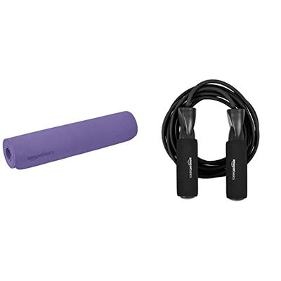 Amazon Basics Tappetino da yoga in TPE, viola, 0,76 cm & corda per saltare standard, nera