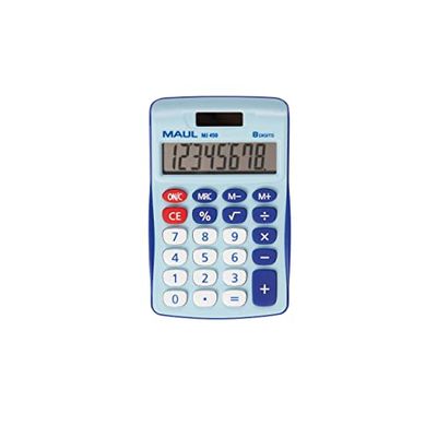 MAUL Calculatrice de Poche MJ 450 | Calculatrice avec Grand Affichage à 8 Chiffres | Fonctions Standard pour Le Bureau et l'école | Alimentation Solaire et à Pile | Bleu