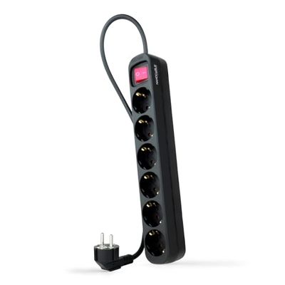 Listwa zasilająca z 6 gniazdami z przełącznikiem, kabel 1,4 m, kolor czarny, idealny do bezpiecznego podłączenia wielu urządzeń.