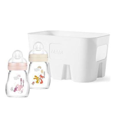 MAM Feel Good Combi Set, 2 x butelka dla niemowląt ze szkła (170 ml), pierwsze wyposażenie dla niemowląt z przyssawką rozm. 1 i kosz na butelki, zestaw upominkowy dla niemowląt, od narodzin,